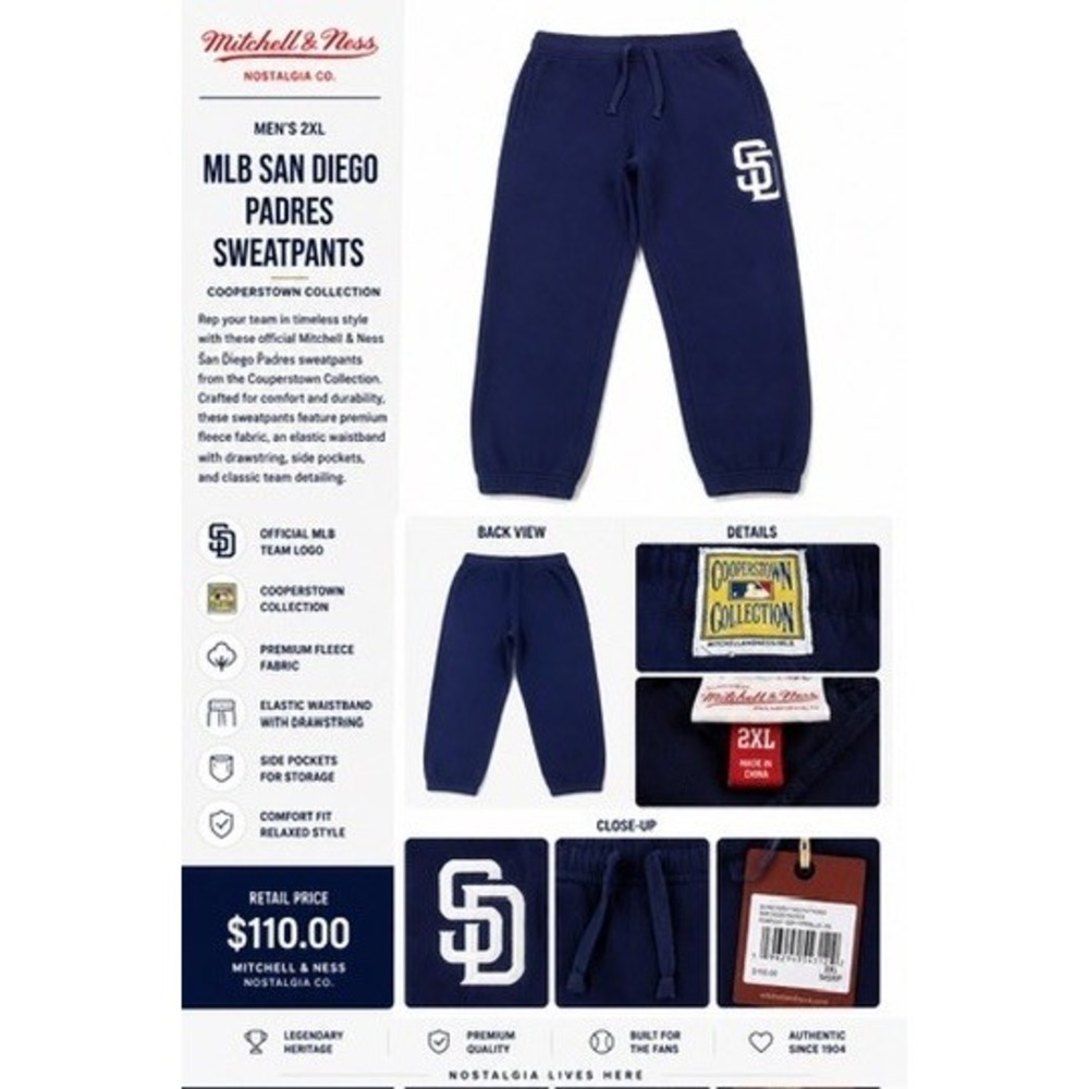Mitchell & Ness Mens Sweatpants 2XL Blue MLB San Diego Padres Repeat Logo NWT
